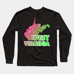 Colorful mandala art map of West Virginia with text in pink and green Long Sleeve T-Shirt